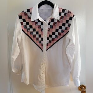 Women’s vintage white handmade polkadot blouse with checkered floral patchwork